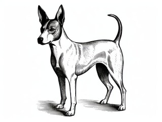 Obraz premium Black and white Vintage engraved art of a Basenji isolated on white background, ink sketch illustration, simple vector art design, highly detailed line art, high contrasty 
