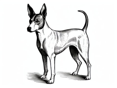 recommend clip art: Black and white Vintage engraved art of a Basenji isolated on white background, ink sketch illustration, simple vector art design, highly detailed line art, high contrasty 