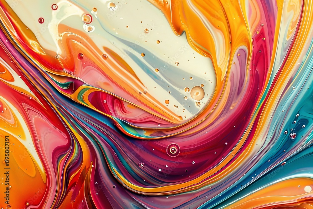 Poster A vibrant and colorful abstract image of liquid swirling and blending, capturing the essence of artistic creativity and dynamic motion, symbolizing the flow of ideas and emotions.