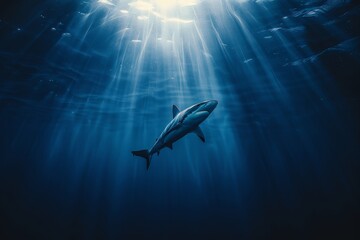 Obraz premium A lone shark glides calmly in the deep blue ocean, illuminated by serene sunlight from above, symbolizing the tranquility and enigmatic lifestyle of marine predators.