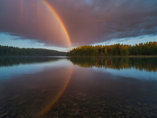 a rainbow is reflected in the water with a rainbow in the background.