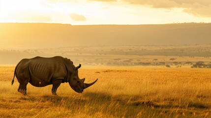 Obraz premium Conservation efforts to protect endangered species in the african savannah: a white rhino walking at sunset