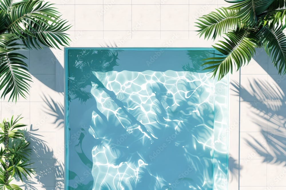 Poster An aerial view capturing a pristine swimming pool with sparkling water and shadows of surrounding palm trees, showcasing a refreshing and tropical atmosphere.