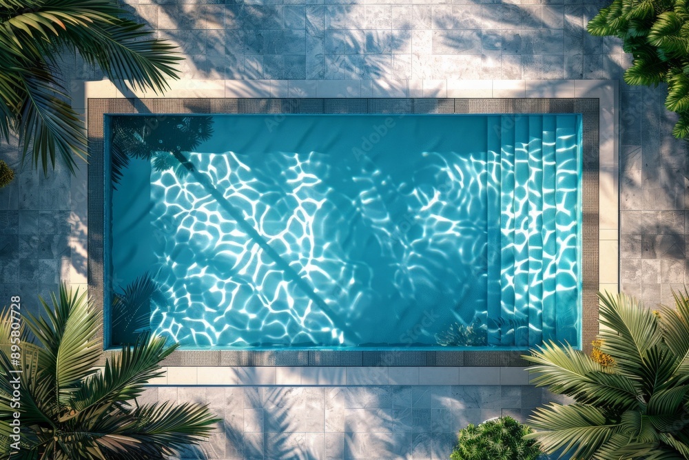 Poster An aerial top view of a tranquil swimming pool with crystal clear water reflecting the sunlight and surrounded by palm trees, creating a serene and relaxing visual.