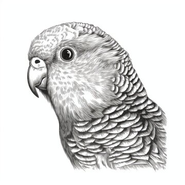 recommend clip art: Black and white Vintage engraved art of a budgerigar portrait isolated on white background, ink sketch illustration, simple vector art design, highly detailed line art, high contrasty.