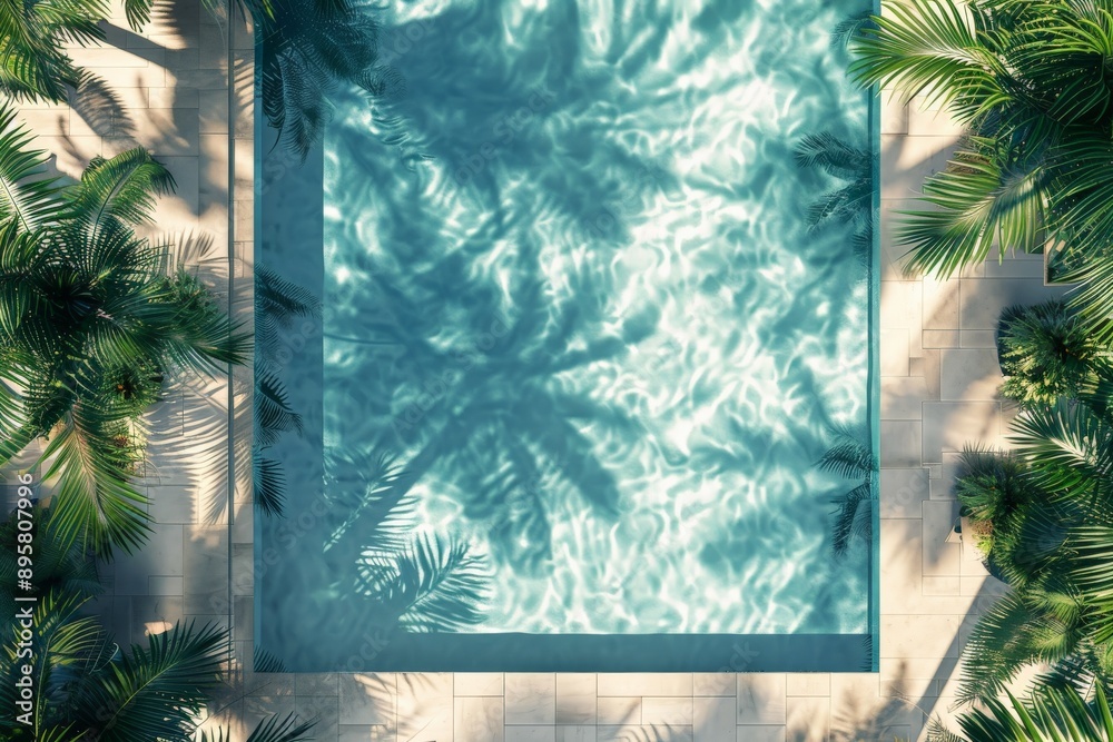 Poster Calming swimming pool in an elegant setting with bright sunlight illuminating the water, surrounded by lush palm trees providing a tropical ambiance.