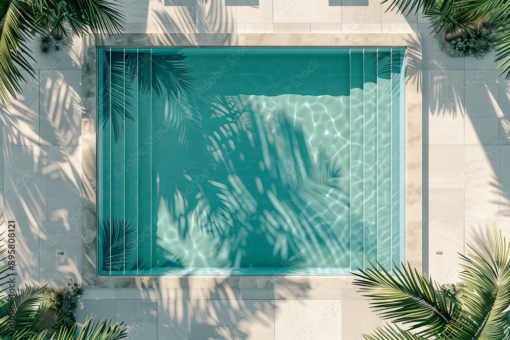 Aufkleber A beautiful modern swimming pool seen from above, reflecting clear blue water with shadows of surrounding palm trees, creating an inviting summer atmosphere.