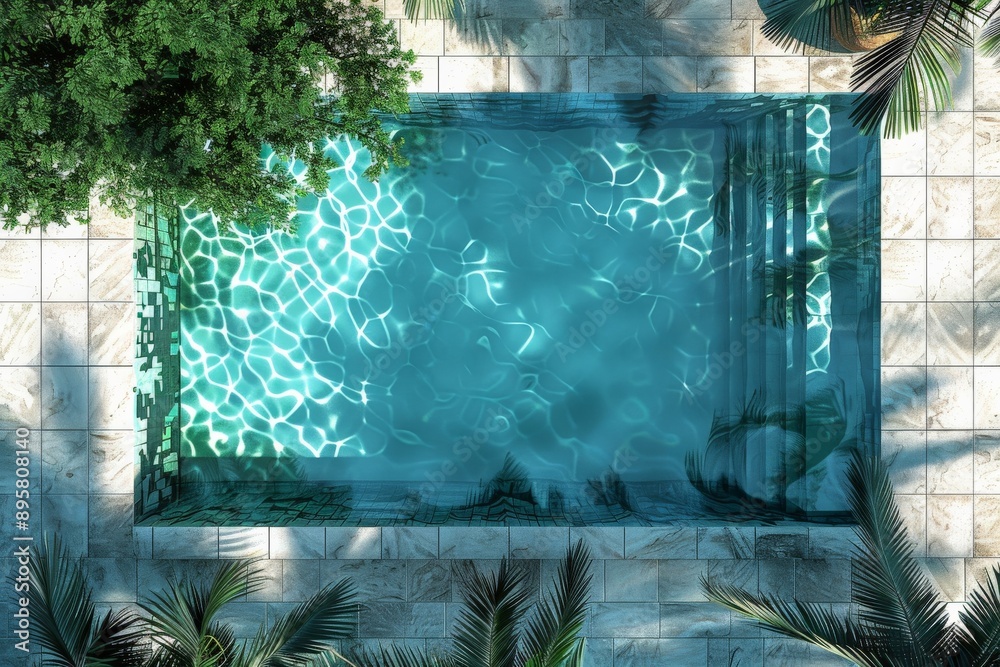 Poster an inviting swimming pool captured from above, reflecting tree and palm shadows in its clear blue wa