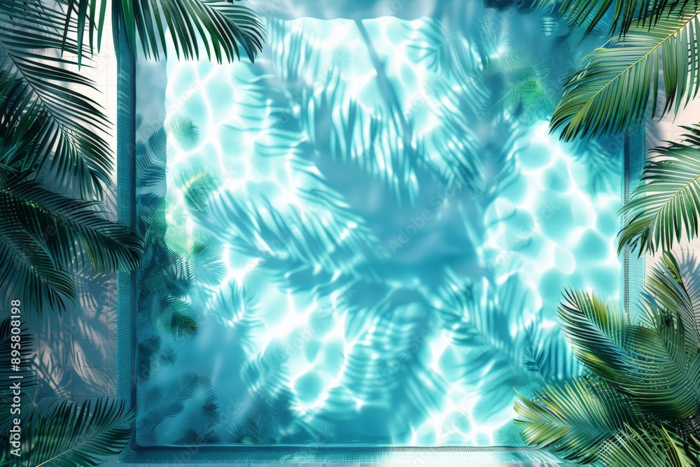 Poster a stunning aerial view of a geometric swimming pool with crystal clear water, surrounded by lush pal