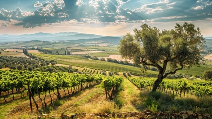 Naklejka premium Vineyards in the Countryside of Casale Marittimo village, Tuscany Italy. Panoramic View of Maremma Landscape