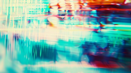 Abstract blurry image of light patterns with red, blue, and green hues.