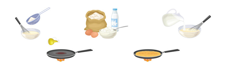 Tasty Pancake Cooking Process with Utensil Vector Set