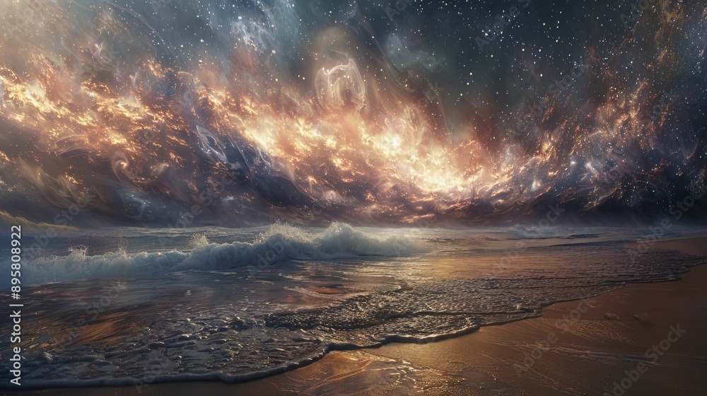 Aufkleber a mystical night beachscape with the ocean waves gently lapping the shore, under a starlit sky and g
