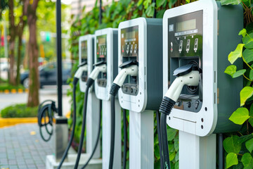 Row of electric vehicle charging stations on a city street
