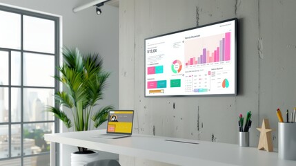 minimalist home office with a wall-mounted digital display showing a colorful, interactive monthly budget planner