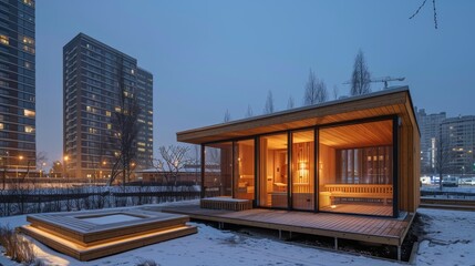 Obraz premium Wooden sauna lit with soft light, situated in a snowy urban area. City buildings in the background