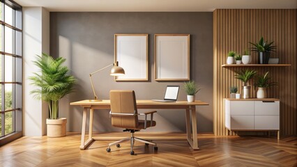 Modern office interior with empty white poster on wall, wooden desk, and picture frame on table amidst realistic warm colors.