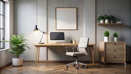 Fototapeta premium Modern empty workspace with sleek computer desk, comfortable chair, and blank white poster on wall waiting for creative expression.