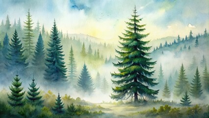 Obraz premium Serene whimsical watercolor illustration of a majestic spruce tree amidst a misty forest landscape with fir silhouettes in the background.