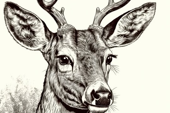 recommend clip art: Black and white Vintage engraved art of a close-up portrait of a deer isolated on white background, ink sketch illustration, simple vector art design, highly detailed line art, high contrasty