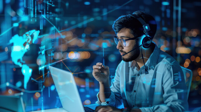 Customer support and IT service concept: Software engineer using laptop with global network, internet technology, and digital system solutions.