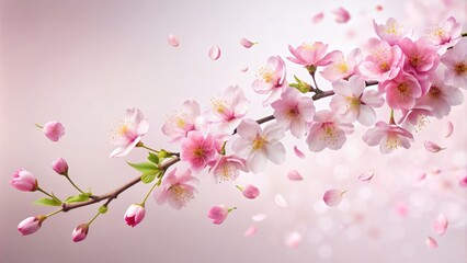 Obraz premium Delicate pink cherry blossom branch with falling petals and flowers isolated on a soft, white, gradient background.