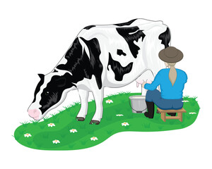 vector design cartoon illustration of a woman in a blue dress sitting next to a large cow and the woman is seen milking the cow in a bucket and surrounded by green grass