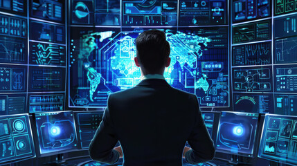 Cybersecurity expert monitoring data protection systems, multiple screens displaying security protocols