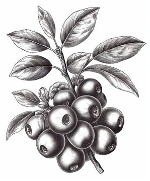 recommend clip art: Black and white Vintage engraved art of a cranberry isolated on white background, ink sketch illustration, simple vector art design, highly detailed line art, high contrasty. 