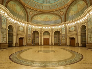 An ornate, empty hall with a circular design on the floor, surrounded by arches and detailed murals on the walls and ceiling The hall is well lit with a series of lights along the arches