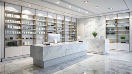 Pristine white marble pharmacy counter with modern point-of-sale system and sleek checkout equipment in a clean, minimalistic environment.
