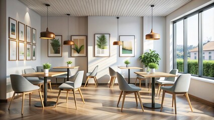 Fototapeta premium Modern minimalist interior design featuring sleek tables, chairs, and creative posters on a white wall, perfect for restaurants and cafes.