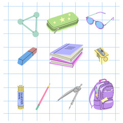 Back to School, flat style  school supplies set.  School object collection. Education Concept. Vector illustration. Back to School.