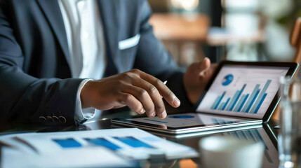 Digital interface showing customer relationship metrics, businessman analyzing data on a tablet