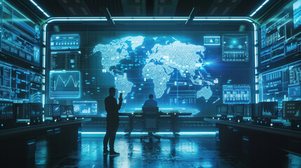 Digital interface showing global data exchange, team working together in a high-tech office