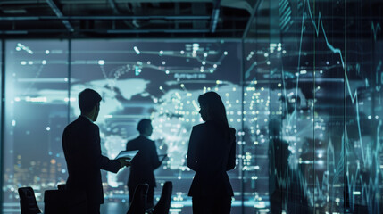 Digital interface showing global data exchange, team working together in a high-tech office