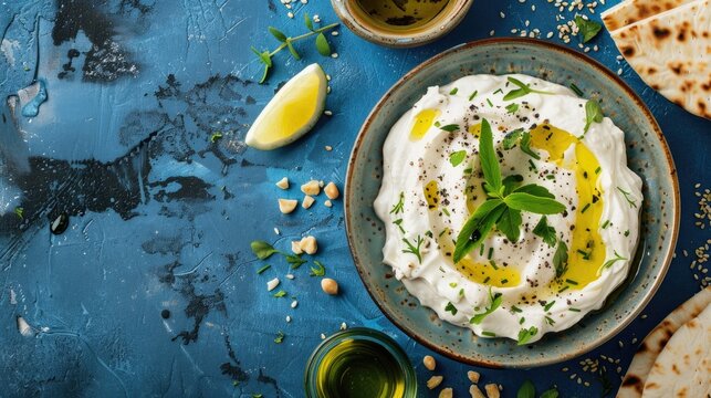 Labneh yogurt cream cheese with olive oil herbs and za atar on blue background with copy space Authentic Arabian or Middle Eastern homemade labneh dip served with pita bread Traditional Ara