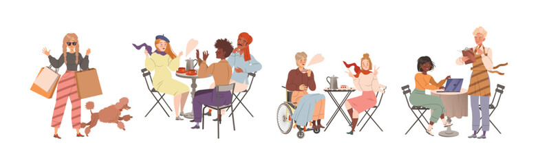 People Character at Cafe Enjoy Meeting and Eating Vector Set