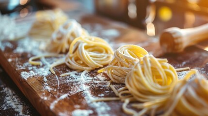 Fresh homemade pasta on wooden board