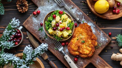 Top view of classic deep fried schnitzel with potato salad and cranberries on a rustic wooden board in a mountain chalet