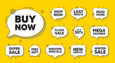 Offer speech bubble icons. Buy Now tag. Special offer price sign. Advertising Discounts symbol. Buy now chat offer. Speech bubble discount banner. Text box balloon. Vector