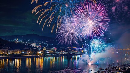 Vibrant fireworks light up the night sky casting a beautiful glow over the waterfront