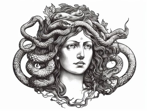 recommend clip art: Black and white Vintage engraved art of a gorgon isolated on white background, ink sketch illustration, simple vector art design, highly detailed line art, high contrasty 