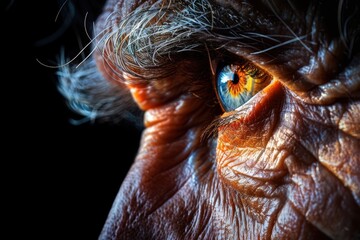 An extreme close-up of an elderly person's eye, showcasing intricate details of the skin, eyelashes, and the iris. 