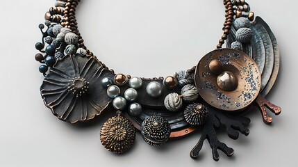 A statement necklace with mixed textures and materials