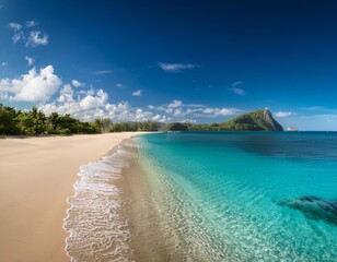 Tropical Paradise Beach with Clear Turquoise Water, White Sand, and Lush Greenery Under a Vibrant Blue Sky
