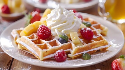 ホイップクリームとフルーツを添えたワッフルのプレート