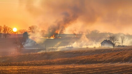 Controlled burns occurring on farmland showcasing a charming and picturesque rural landscape