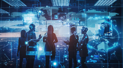 Digital organization with interconnected team members working remotely, global communication network