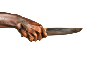 A close-up of a dark-skinned hand gripping a shiny, sleek knife, isolated against a stark white background.
